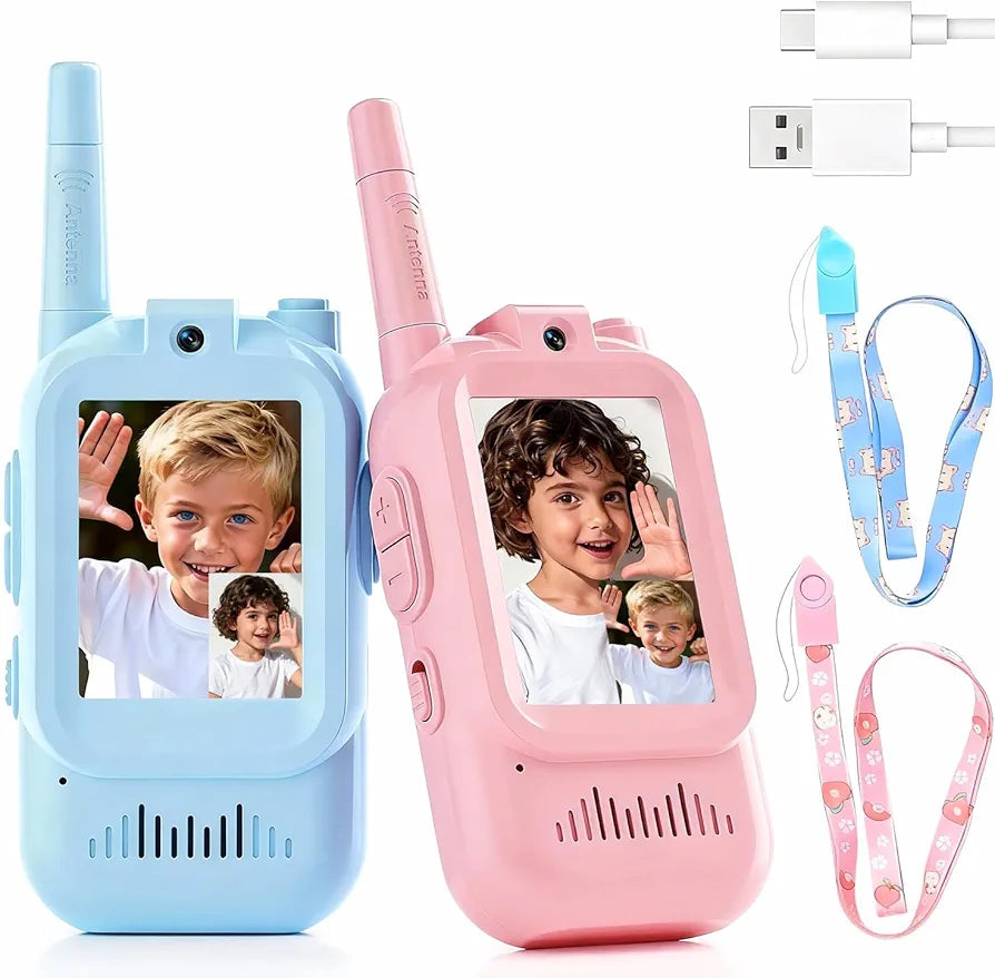 Video Walkie Talkie Children, Set of 2 Walky Talky Children with Colour Screen & Camera Rechargeable Gift Toy 3+ Boys and Girls, 200 m Range Walki Talki for Outdoor Adventures