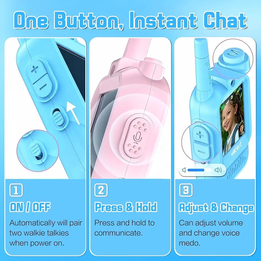 Video Walkie Talkie Children, Set of 2 Walky Talky Children with Colour Screen & Camera Rechargeable Gift Toy 3+ Boys and Girls, 200 m Range Walki Talki for Outdoor Adventures