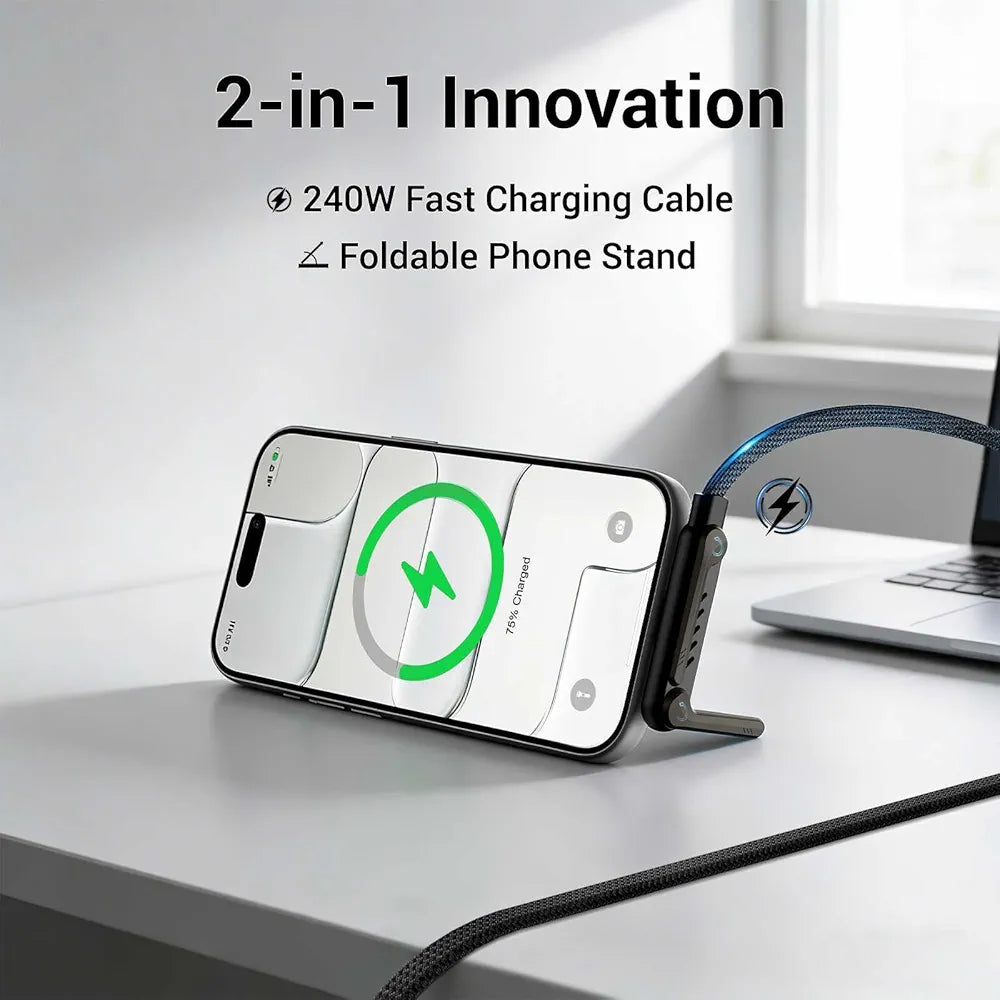 Invisible Holder Charger Cable, 240W PD Fast Charging Cable for Desk, USB-C to Light-ning Cable 4.9 FT with 360° Adjustable Metal Stand, 2 in 1 Holder Charger for Gaming, Office, Home, 1 pack
