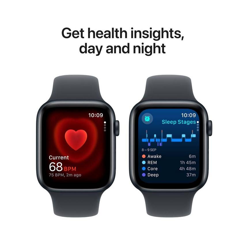 Apple Watch series 9 GPS 44mm أبل ساعة اس إي 44 ملم جي بي اس، غطاء سماء الليل، سوار رياضي سماء الليل، صغير/متوسط