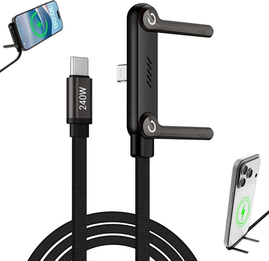Invisible Holder Charger Cable, 240W PD Fast Charging Cable for Desk, USB-C to Light-ning Cable 4.9 FT with 360° Adjustable Metal Stand, 2 in 1 Holder Charger for Gaming, Office, Home, 1 pack