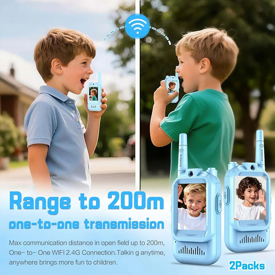 Video Walkie Talkie Children, Set of 2 Walky Talky Children with Colour Screen & Camera Rechargeable Gift Toy 3+ Boys and Girls, 200 m Range Walki Talki for Outdoor Adventures